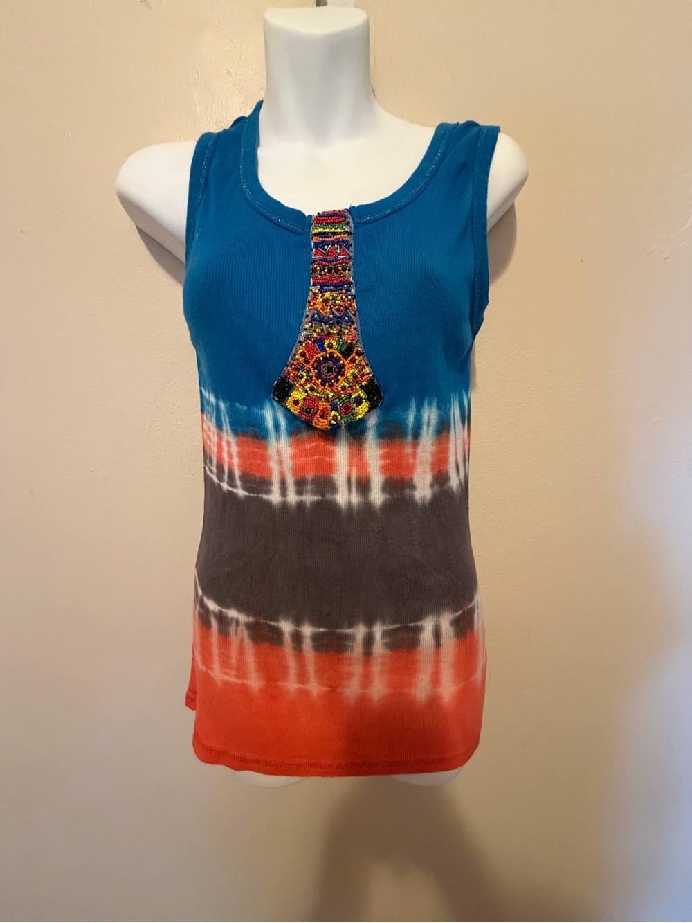 Sleeveless Beaded Tie-Dye Tank Top - Teal, Gray & Orange